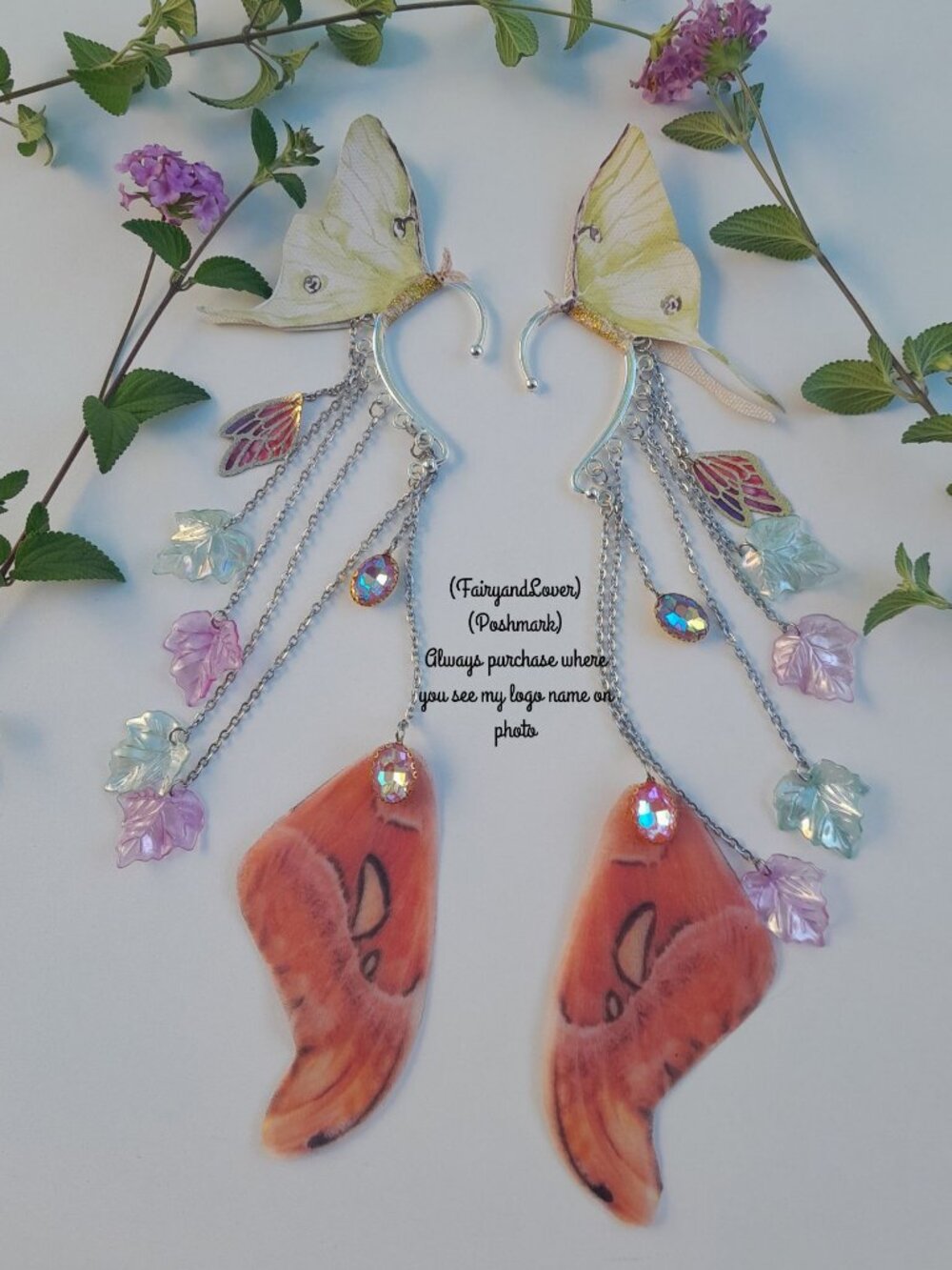 Butterfly atlas moth wing silk organza wrap ear cuff chandelier earrings gifts
